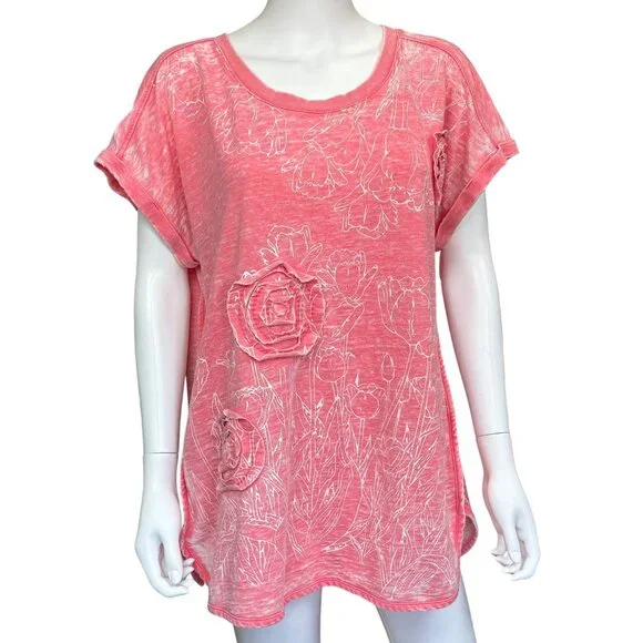 Avenue Pink Floral Embellished Short Sleeve Top Cotton Blend Womens Size 14/16 - Picture 1 of 7